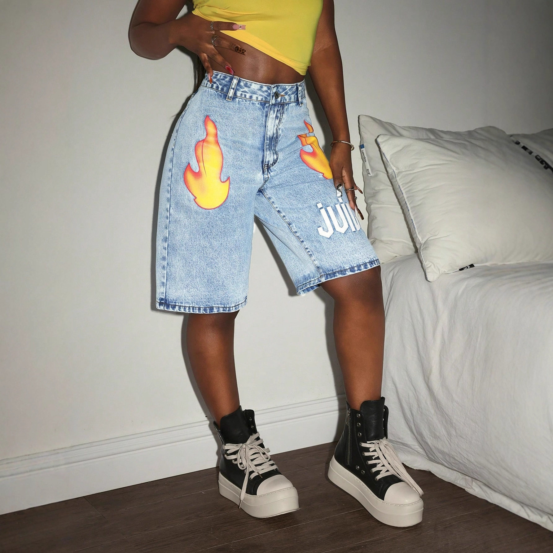 Fashionable Womens Denim Shorts Flame Print Letter Design Casual Style Available for Wholesale