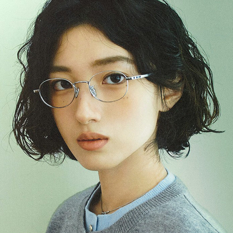 Literary and Fresh Eye Frames, Flat Men's Japanese Style Style Pure Titanium Small-Frame Glasses for Women, Can Be Equipped with Prescription Semi-Titanium Frames