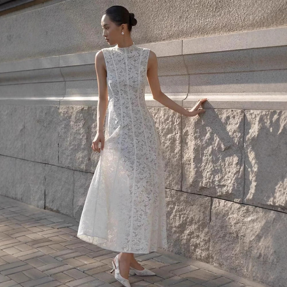 Đầm maxi nữ ren thắt eo dáng chữ A cổ tròn không tay — Trắng