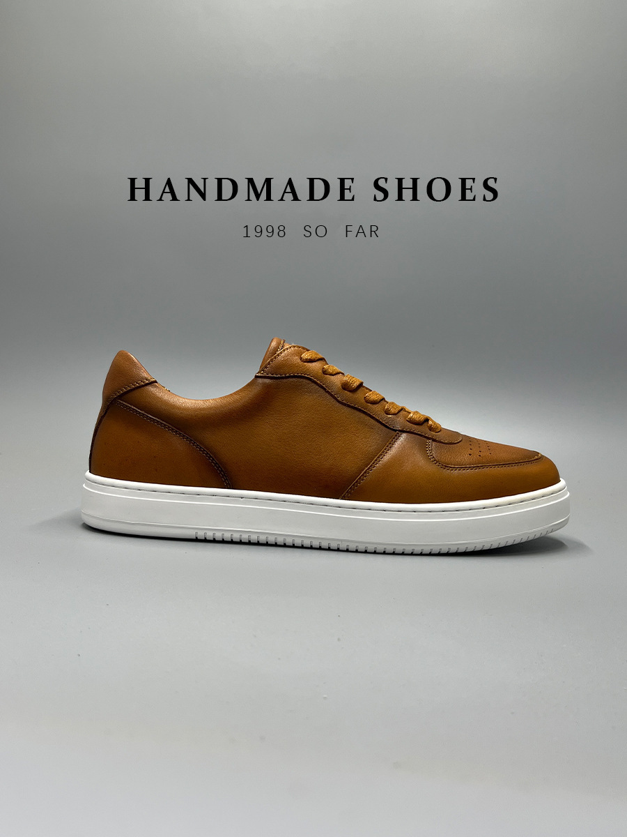 Giày sneaker nam da bò lớp đầu tiên đế bằng đệm khí cổ điển dễ phối — Màu nâu, Màu đen, Màu trắng
