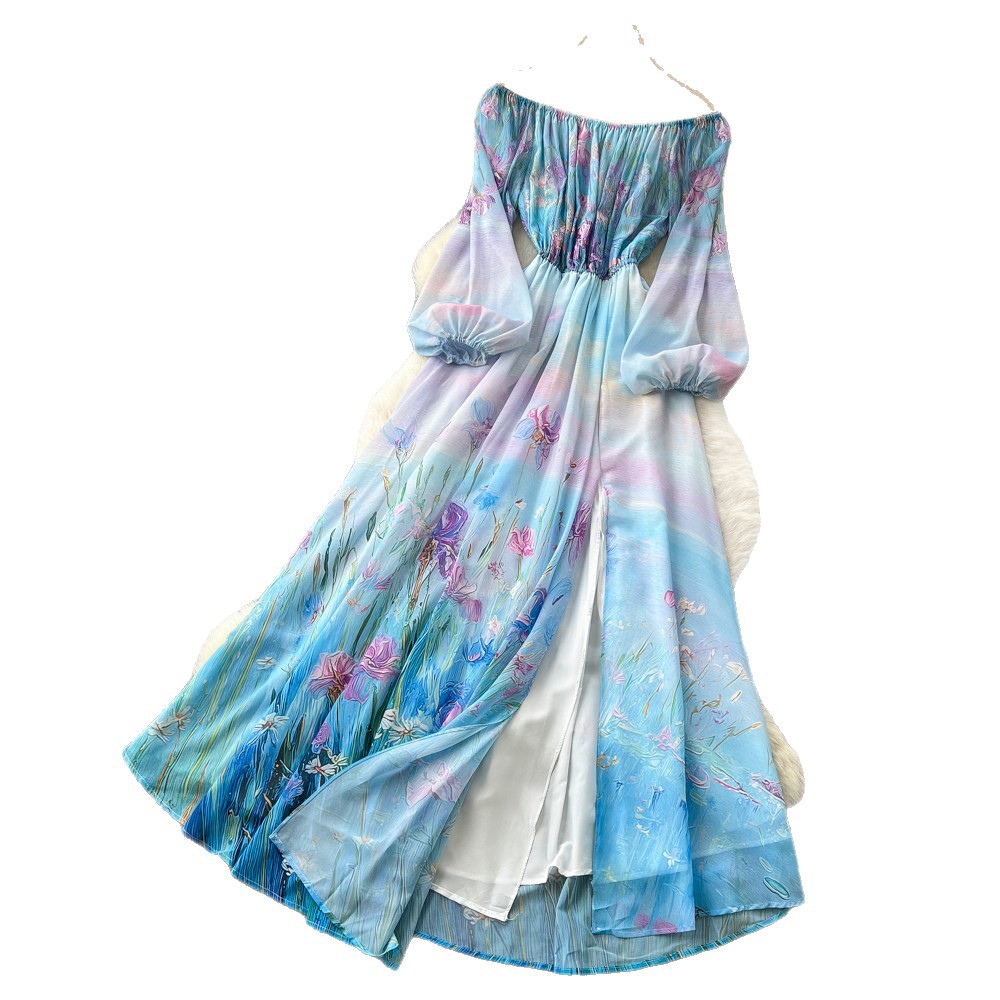 Off Shoulder Floral Dress Lantern Sleeves Waist Defined A Line Spring Fall Style Perfect for Vacations Wholesale
