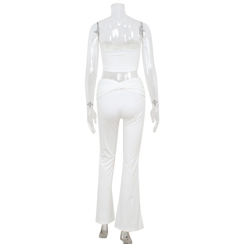 Chic Womens Two Piece Set Strapless Crop Top High Waisted Pants Stylish Form Fitting Solid Color Wholesale