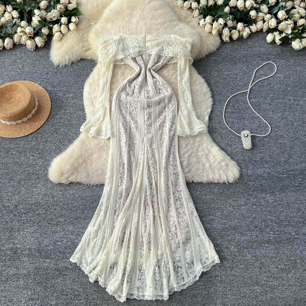 Off Shoulder Lace Hollow Out Dress Slim Fit Waist Cinching Elegant Style Perfect for Office and Special Occasions