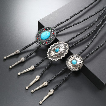 European and American Retro Trend Turquoise Flower Alloy Oil Dropping PU Polo Collar Necklace Simple Long Necklace for Men and Women