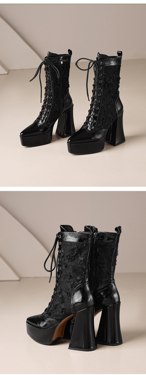 Boot nữ cao gót 12cm buộc dây phối ren đế dày cổ thấp — Da bò đen + lót nhung ren, Da bò đen + lót ren, Lớp lót bằng da bò màu đen