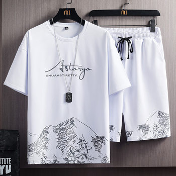 Short-Sleeved T-Shirt Suit for Men in Summer New Snow Mountain Print Fashion Trendy Korean Style Slim Large Size Sports Two-Piece Set