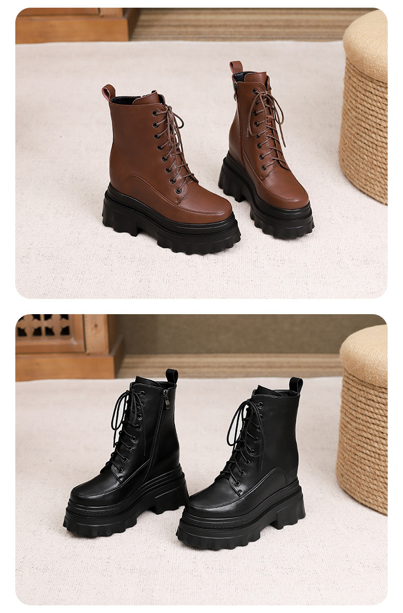 Boot Martin nữ đế dày tăng chiều cao 10cm, cổ thấp gót nêm da bò thật — Lớp lót đơn màu đen, Lớp lót đơn màu nâu sẫm, Lớp lót nhung đen, Lớp lót nhung màu nâu sẫm