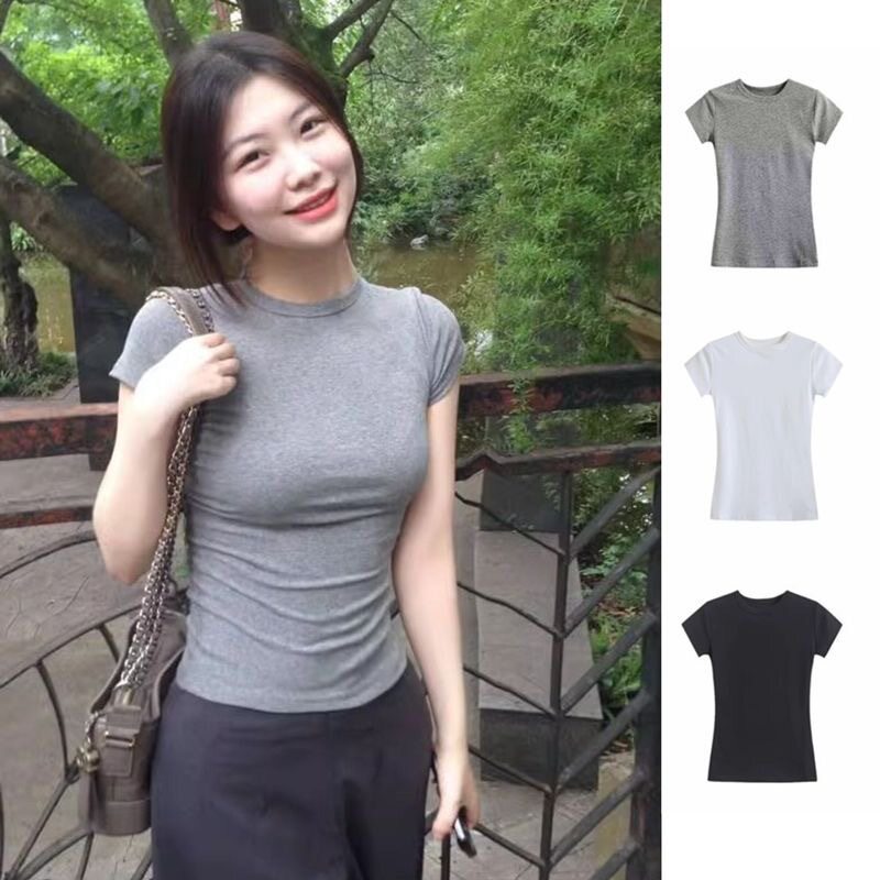 小个子辣妹正肩短袖T恤女2025新款夏季修身显瘦打底衫百搭短上衣