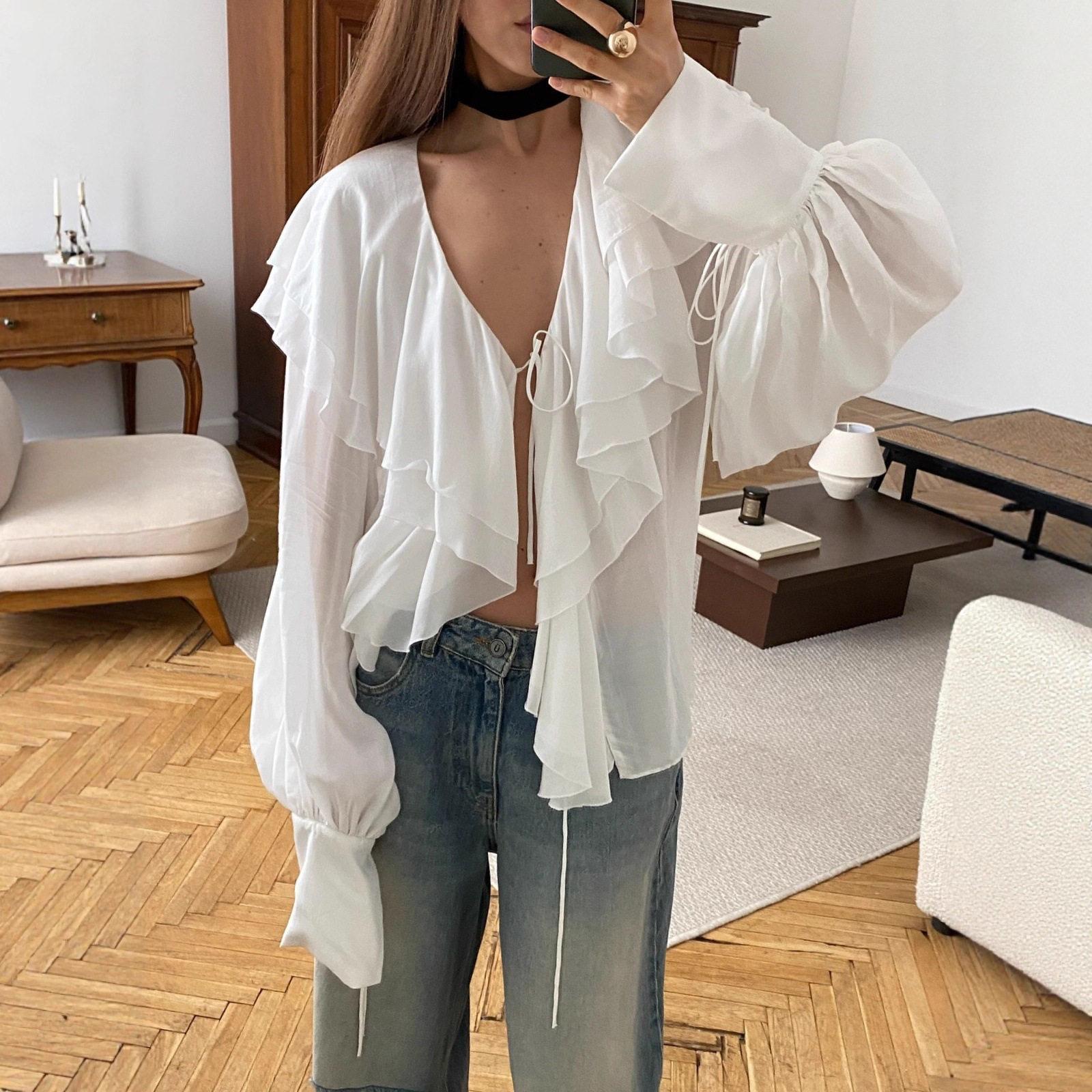 Chiffon Cardigan Top Ruffled Hem Lantern Sleeves Stylish Elegant Autumn Fashion for Women Wholesale Available