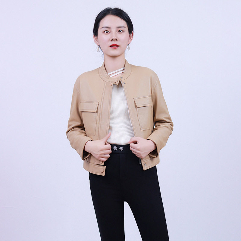 Áo Khoác Da Cừu Nữ Haining Dáng Ngắn Cổ Trụ Phong Cách Biker