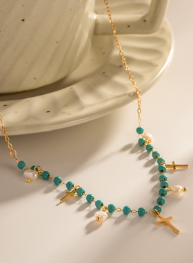 法式新款蓝色石头米珠颈链项饰十字架淡水珍珠流苏吊坠钛钢项链