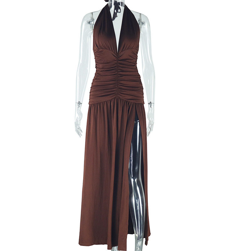 Sleeveless Deep V Neck Split Back Dress Solid Color High Slit Waist Defining Elegant Style Perfect for Parties and
