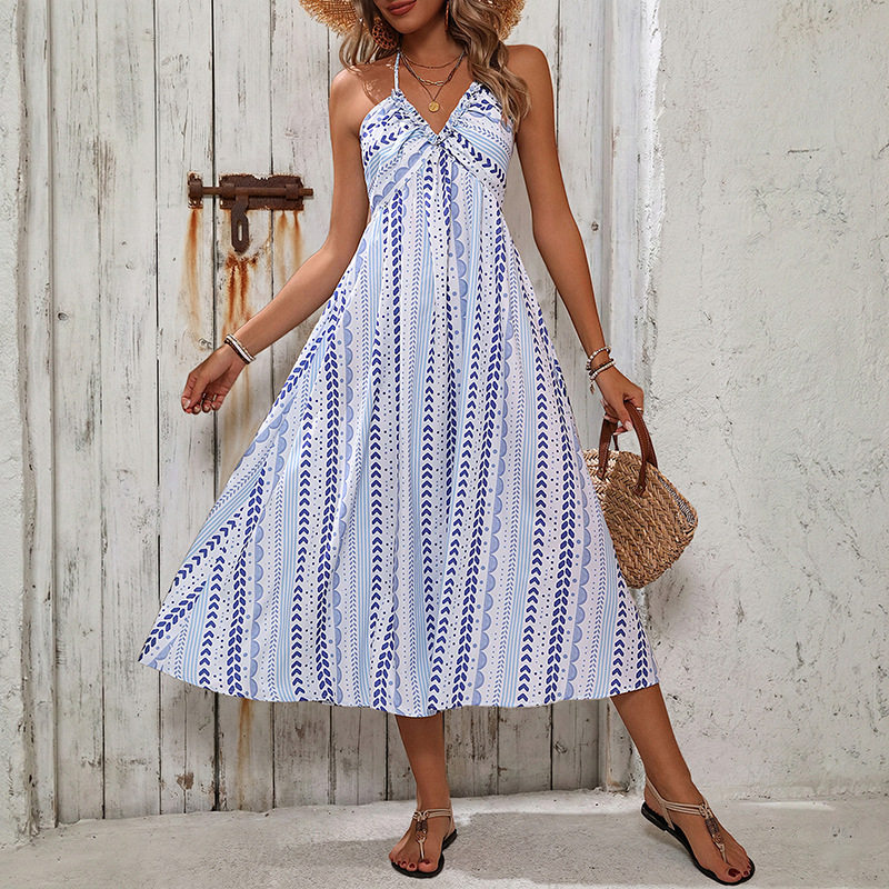 Geometric Print Halter Dress Summer Style Beach Vacation Ready Lightweight Fabric Comfortable Fit Wholesale