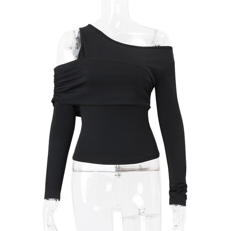Slim Fit Long Sleeve Knit Top Solid Color Asymmetrical Neckline Versatile Style Spring Womens Fashion Wholesale