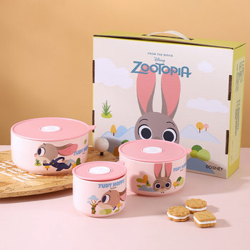 Disney Chaole Ceramic Fresh-keeping Bowl with Lid Fresh-keeping Box Three-piece Set Cartoon Hand Accompanying Gift suit Tableware Color Glaze