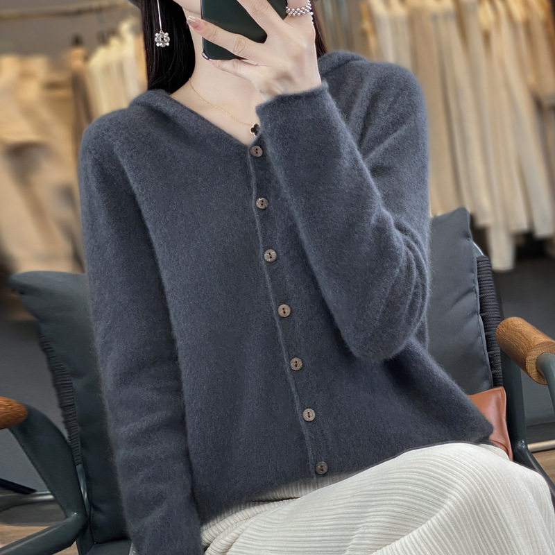 澳洲美丽诺100纯羊毛针织衫女一线成衣无缝连帽开衫羊绒毛衣外套