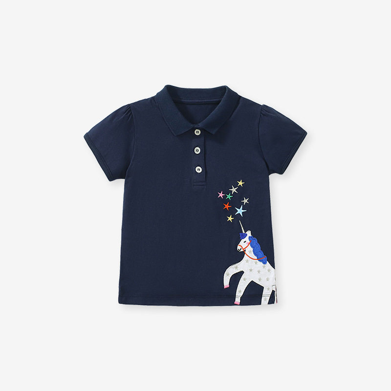 Girls' Summer Cotton Applique Short-Sleeve Polo Shirt, Trendy Top