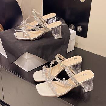 Transparent Rhinestone Thick Heel Slippers for Women Summer Outer Wear Spring and Summer New Fashion Fairy Style with Skirt Crystal High Heel Sandals