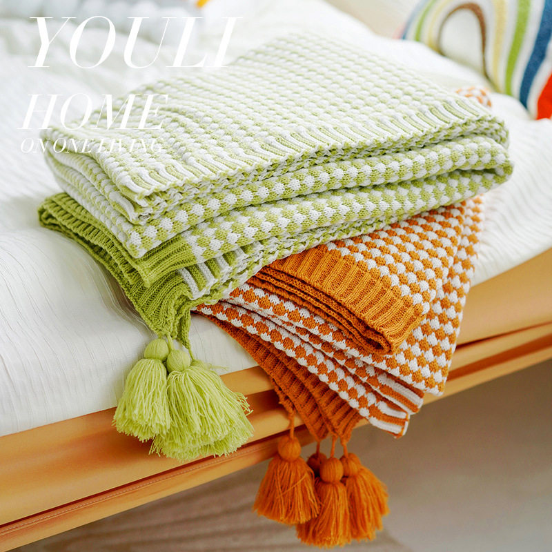 Mint Green retro large hanging ear knitted blanket bed & breakfast sofa blanket nap blanket bed tail blanket bed tail towel blanket bed cover blanket