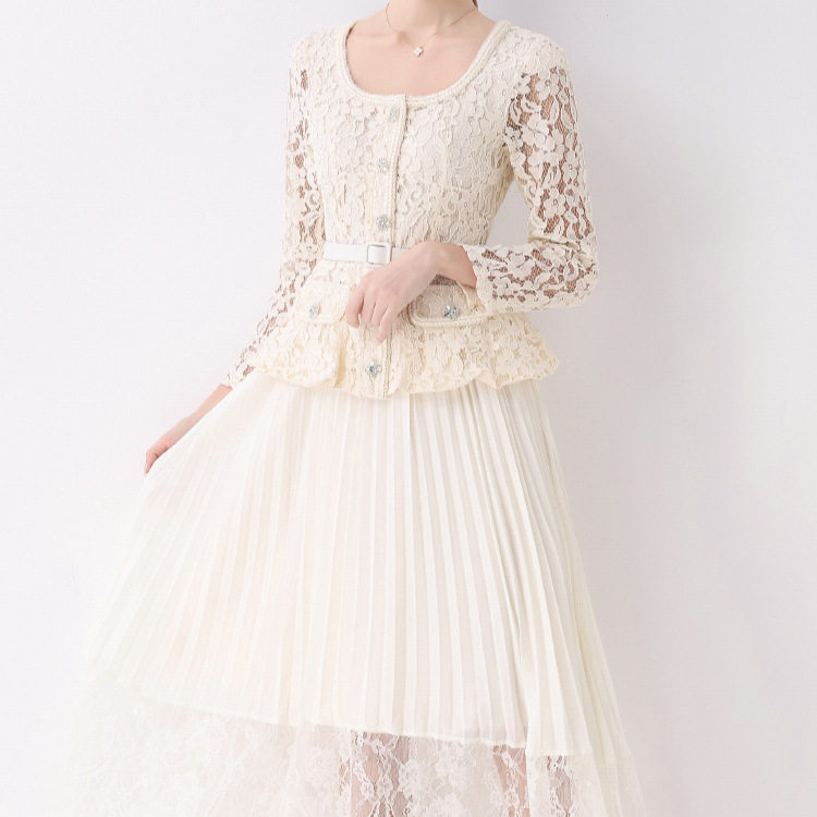 Elegant A Line Dress High End Design Diamond Studded Buttons Square Neck Pleated Long Skirt Autumn Winter Fashion