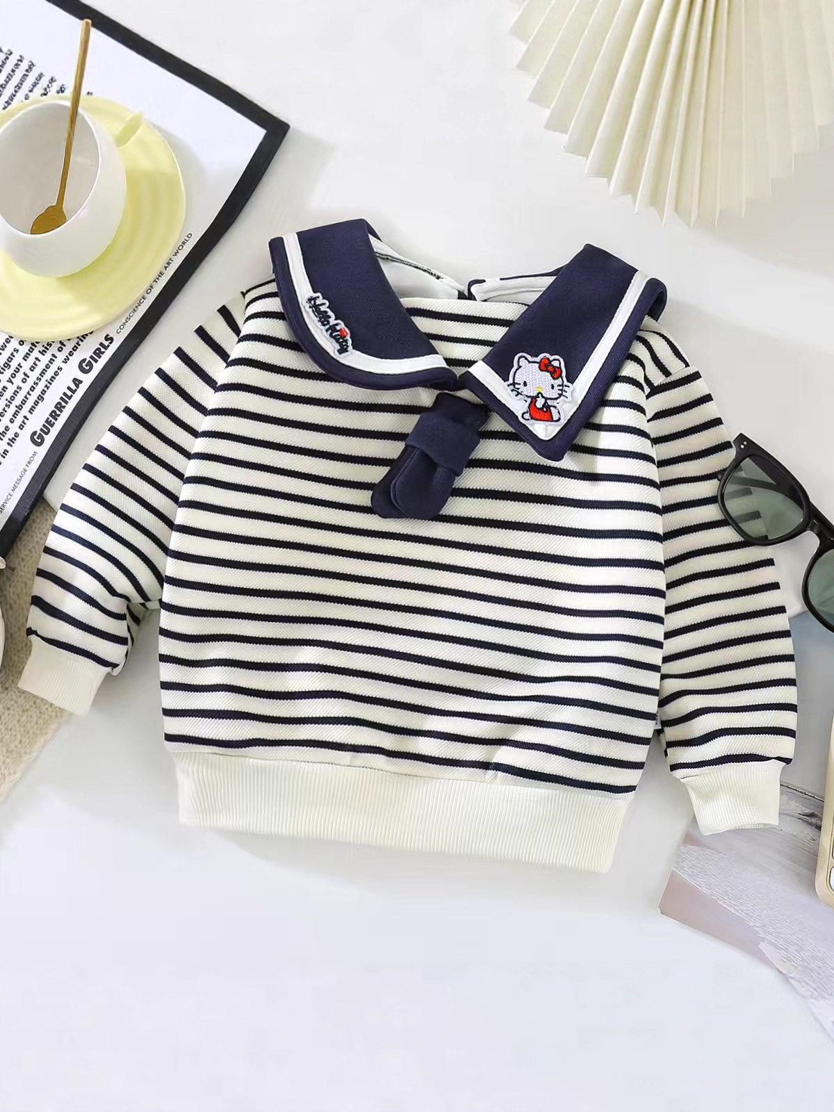 Girls' Long-Sleeve Sailor Collar Striped Hoodie, Autumn Toddler Outfit, Baby Girl Sportswear Hoodie