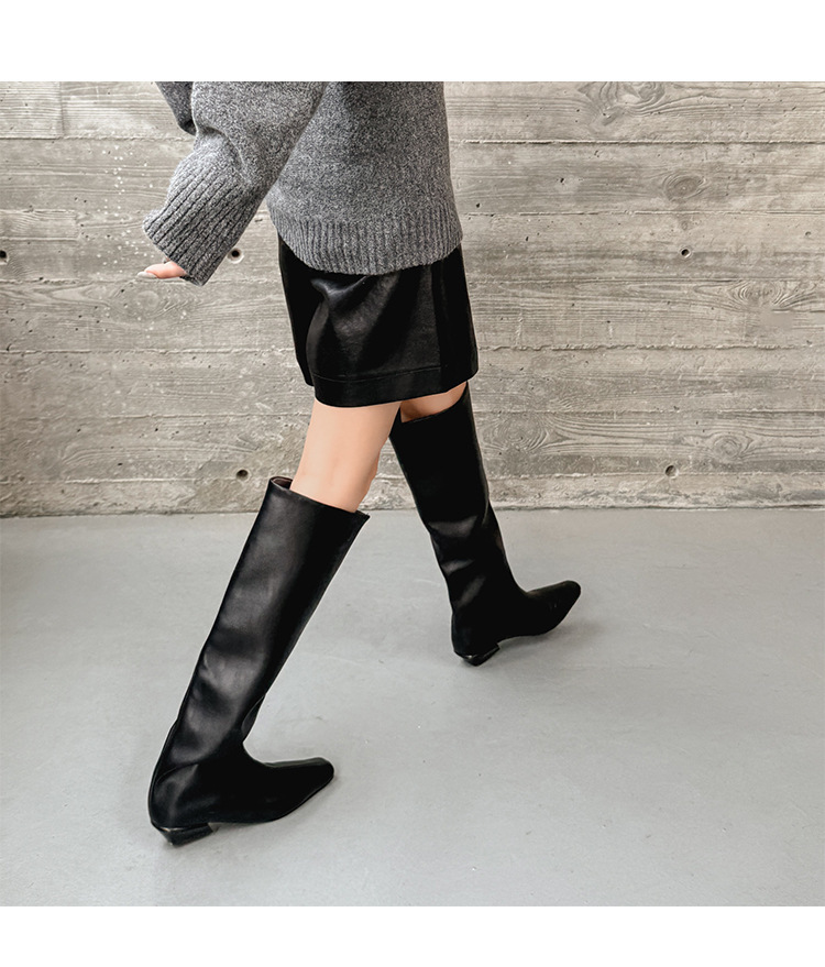 Boot cao cổ nữ da bò mũi vuông gót thấp phong cách thanh lịch — màu đen, Màu đỏ rượu
