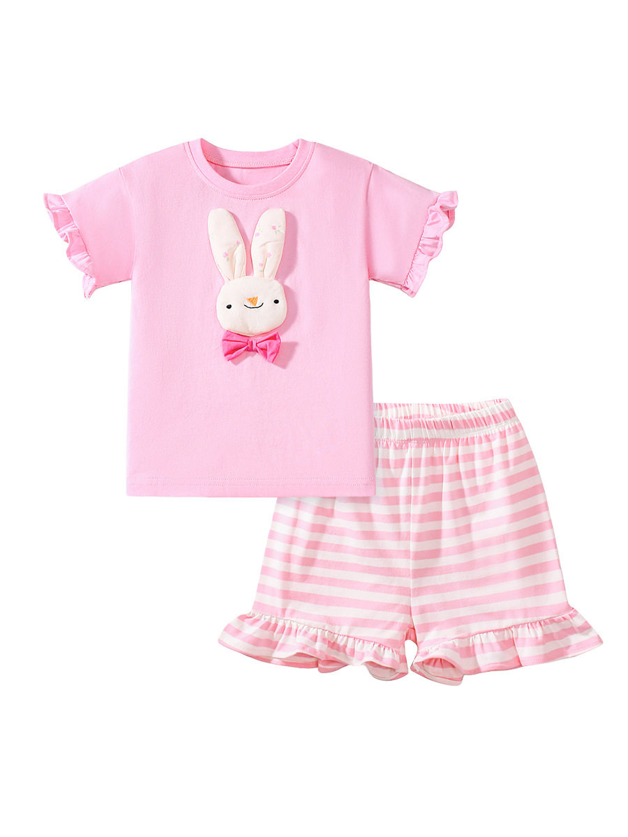 Cute Kids' Set, Summer Short-sleeve Girls' Outfit, Cartoon Striped Children's Clothing Wholesale