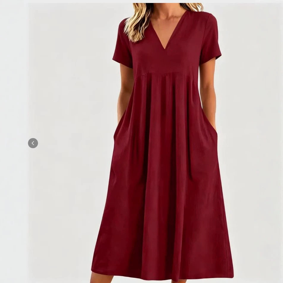 Womens Casual Loose V Neck Short Sleeve Dress Solid Color Spring Summer Style Wholesale Availability