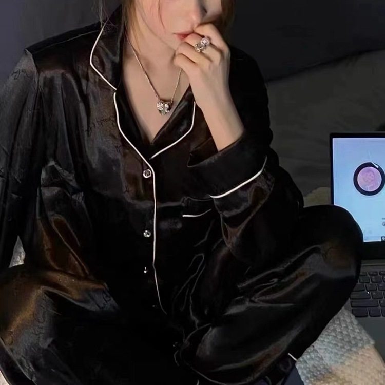 ins网红花边长袖简约黑春秋季长袖长裤开衫睡衣女甜美宽松家居服