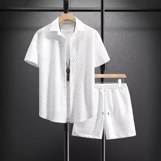 Foreign Trade New Men's Casual Suit European Size Trendy Brand Fashion Loose Large Size Short-Sleeved Shirt Shorts Two-Piece Set