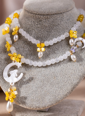 桂花月亮月兔珍珠吊坠项链蝶贝中国风汉服配饰双层璎珞中秋古风