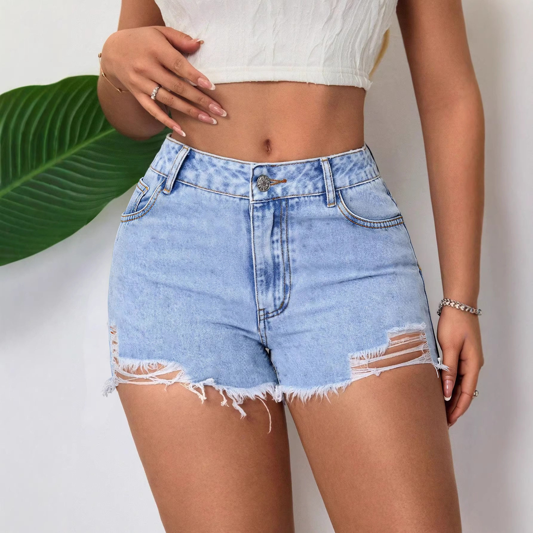 Womens Distressed Denim Shorts Elegant Fashionable Versatile Summer Casual Wear Wholesale Available