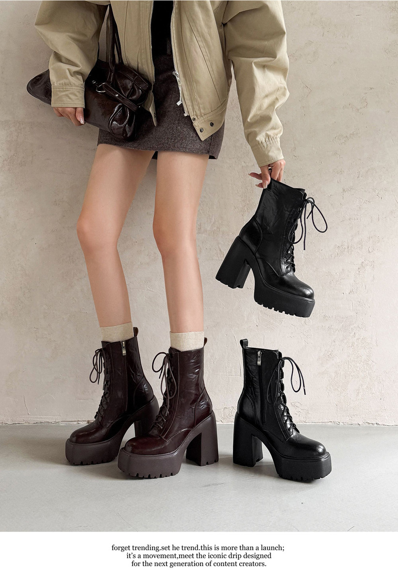 Boot nữ da bò gót thô 12cm cổ thấp khóa kéo bên hông tôn dáng — Lớp lót đơn màu đen, Lớp lót đơn màu nâu, Lót nhung đen, Lót nhung màu nâu
