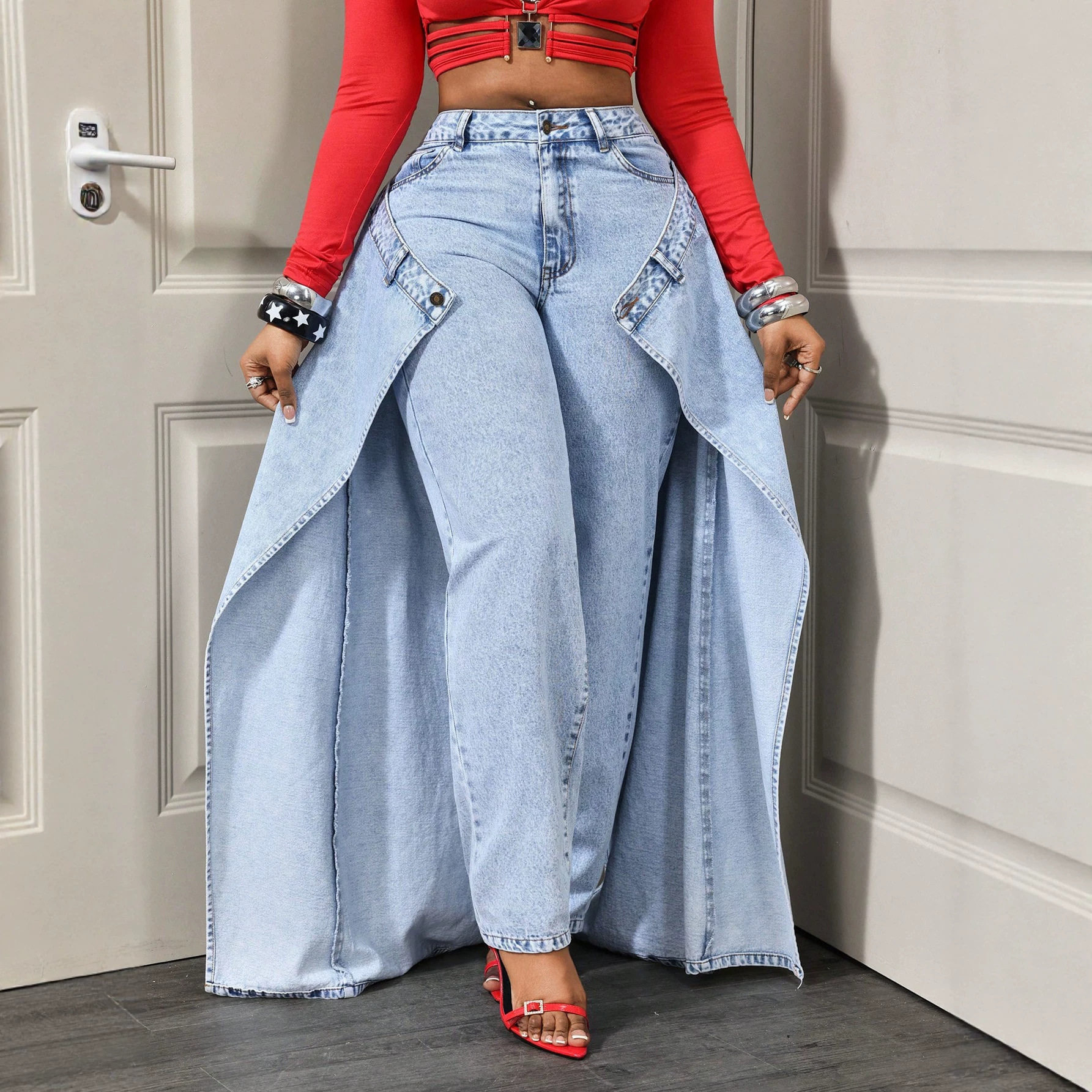 Double Layer High Waisted Split Hem Wide Leg Womens Denim Pants Stylish Comfortable Versatile Wholesale Available