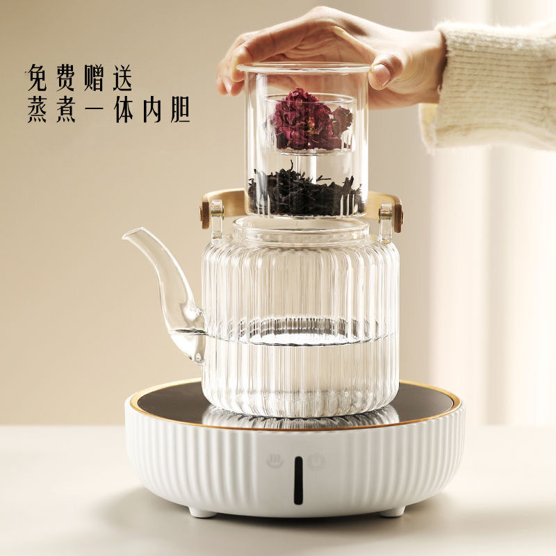 Chrysanthemum-Patterned Glass Spray-Type Teapot, Electric Ceramic Stove Tea-Making Utensil, Water-Boiling Teapot with Handle, Stove-Side Teapot