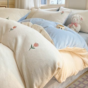 Winter Fresh Embroidered Milk Velvet Four-Piece Set High Weight Double-Sided Velvet Duvet Cover Dormitory Bed Milk Velvet Three-Piece Set