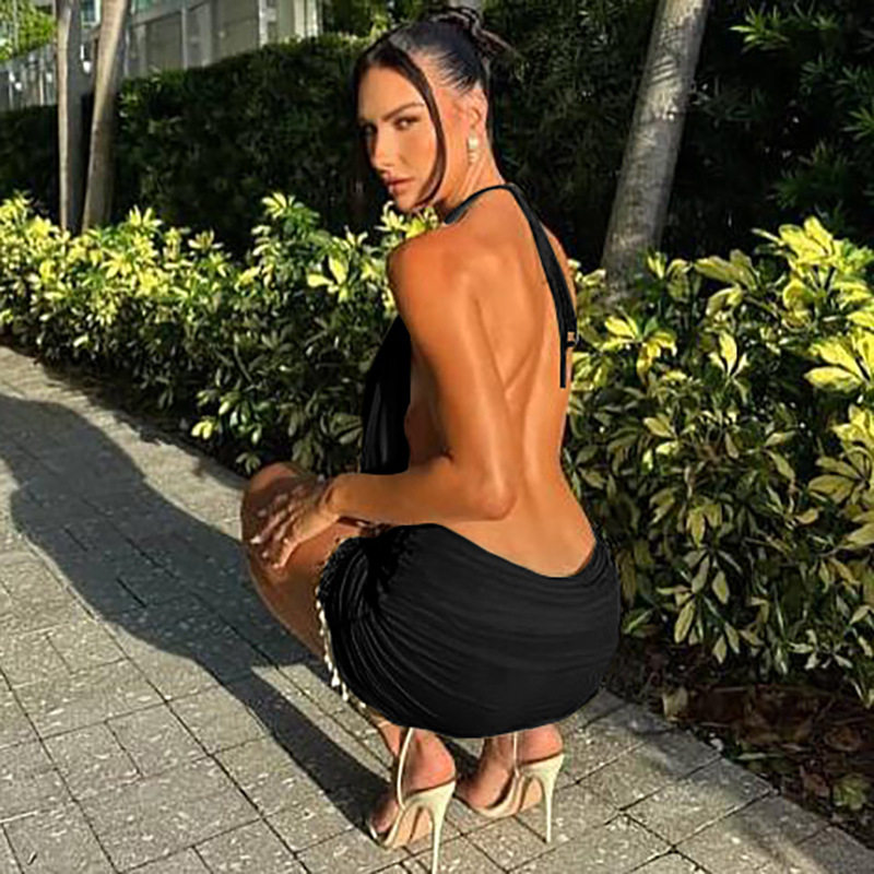Summer Womens Bodycon Dress Sleeveless Halter Neck Fringe Detail Color Block Casual Party Wear Wholesale