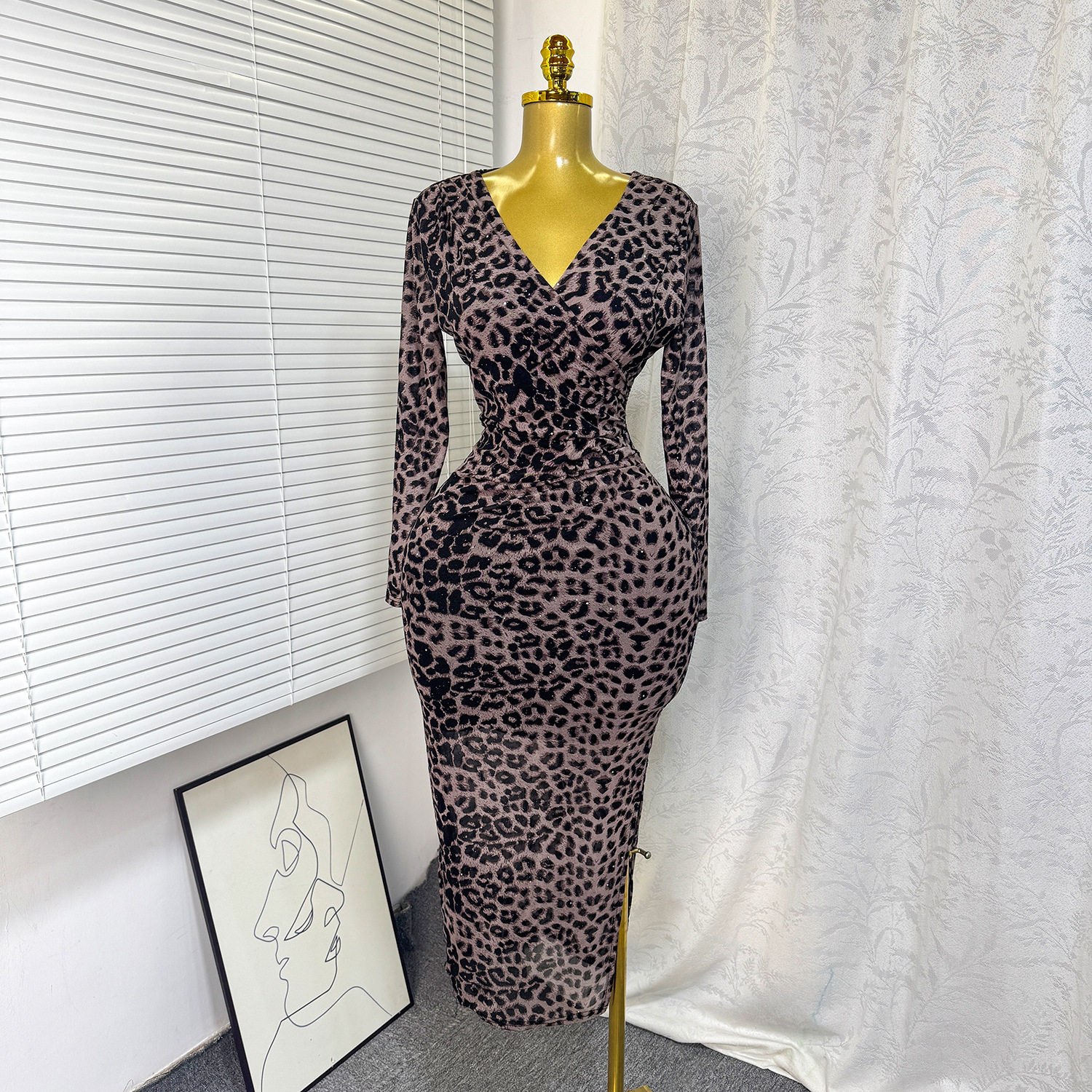 Elegant Leopard Print Bodycon Maxi Dress Cross V Neck Rhinestone Detail High Slit Perfect for Parties and Events