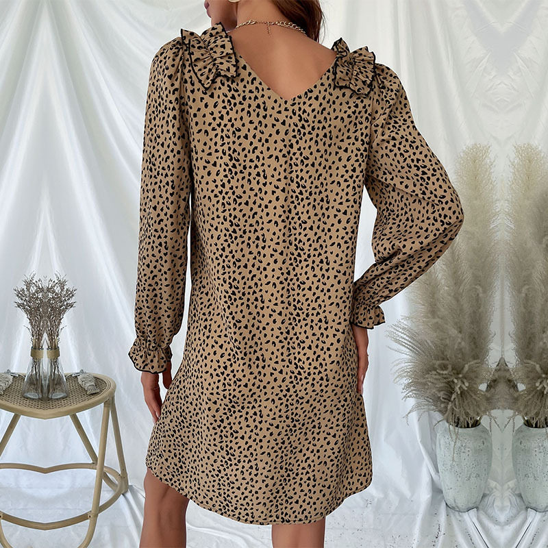 Leopard Print Long Sleeve Dress Loose Fit Ruffle Trim Autumn Fashion Perfect for Casual Outings OEM Available