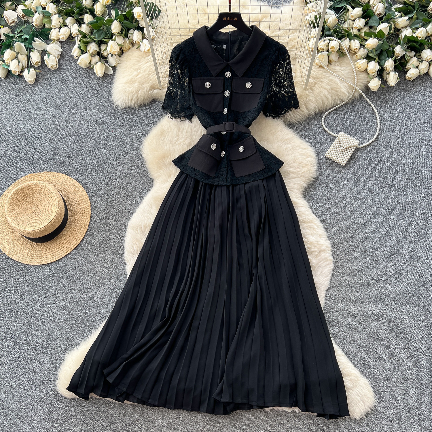 Red Lace Trimmed Dress French Chic Elegant Pleats Summer Style Perfect for Commuting and Special Occasions
