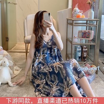 Women's Cotton Silk Nightgown Summer Thin Faux Cotton Silk Printed Sling Pajamas Pregnant Women plus size Outer Wear Home Clothes