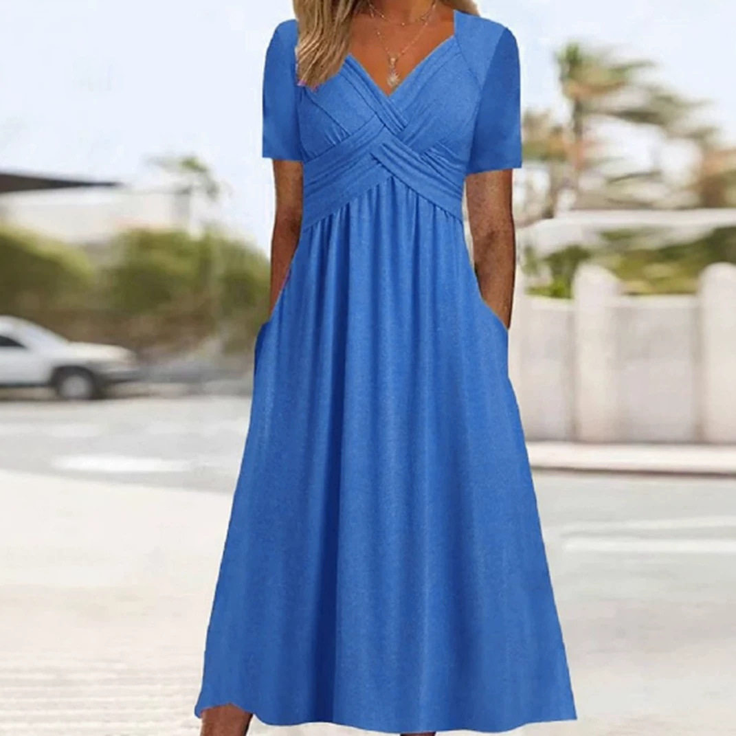 Summer Casual Solid Color V Neck Short Sleeve Pocket Dress for Women Trendy Comfortable Versatile Wholesale Available