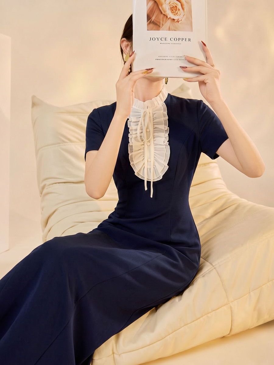 Đầm ren tay ngắn dáng chữ A thắt eo thanh lịch — Màu xanh dương