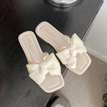 French High-end Slippers Women's Shoes Bow Fairy Style Summer Outer Wear Super Fire Non-slip Flat Beach Shoes Sandals