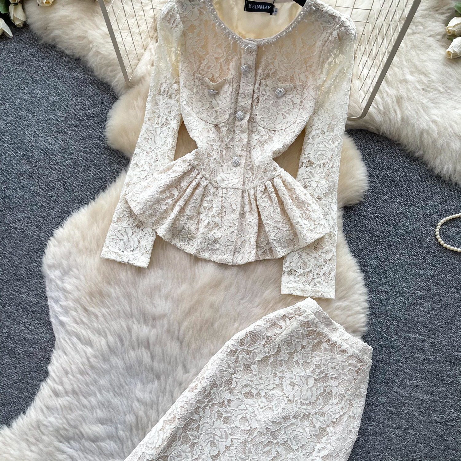 French Style V Neck Lace Long Sleeve Top and Midi Skirt Set Slim Fit Elegant Design Autumn Fashion Wholesale Available