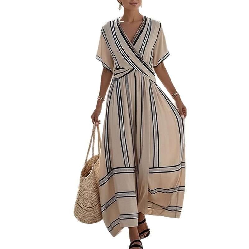 Summer Womens Dress Elegant Casual Loose Striped V Neck Long Dress Beach Vacation Style Wholesale Available