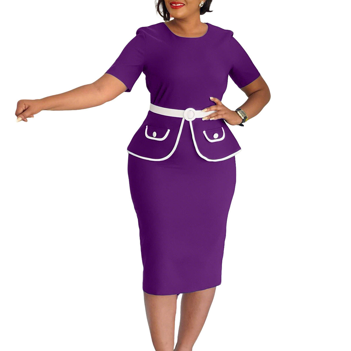 Elegant Plus Size Bodycon Dress for Women Short Sleeve Stretch Fabric Stylish Design Perfect for Office or Casual