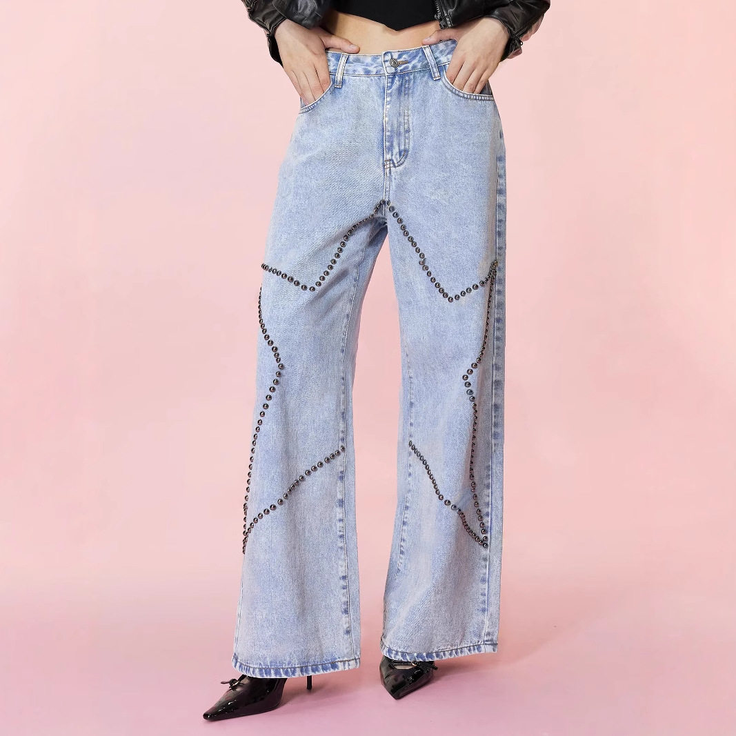 Loose Fit Vintage Beaded Denim Pants Womens Casual Style European and American Fashion Wholesale Available