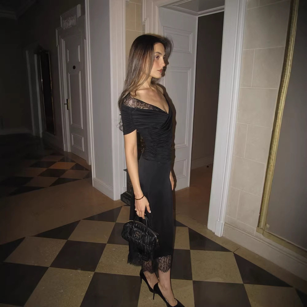 French Style Elegant Long Dress Lace Panel Solid Color Puff Sleeve Perfect for Formal Events Wholesale Available