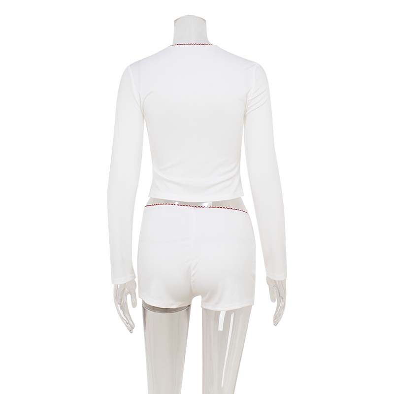 Color Block Bow Tie Long Sleeve Top and Shorts Set Feminine Style Spring Summer Fashion Wholesale Available